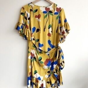 Karlie Mustard Yellow Floral Wrap Ruffle Dress sz S